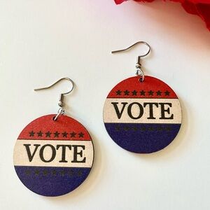 VOTE Earrings, wooden, pierced, drop, dangle, Dbl sided. Red, Blue & Cre…
